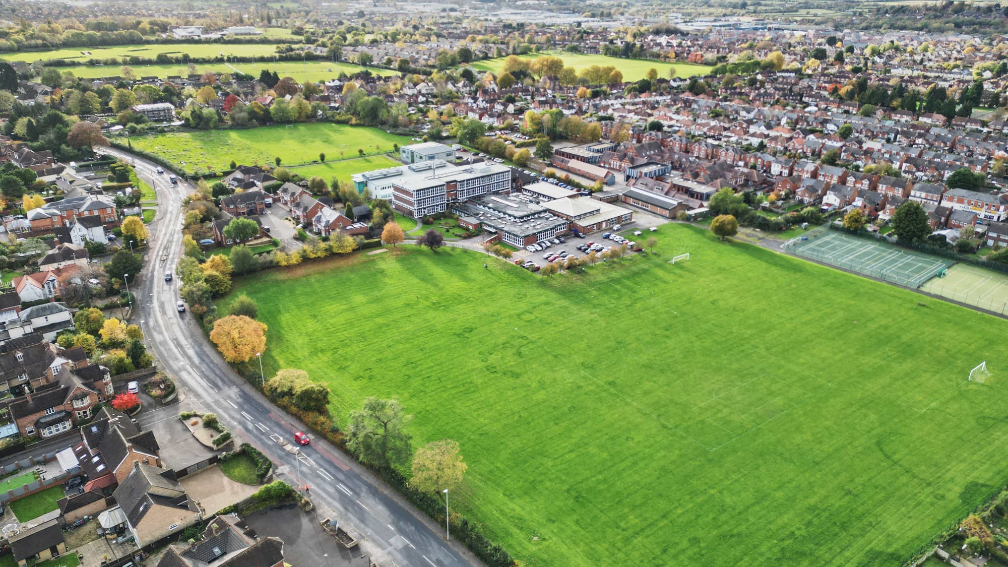 Image of Ribston from high up in the sky, showing the buildings and fields surrounding the school.