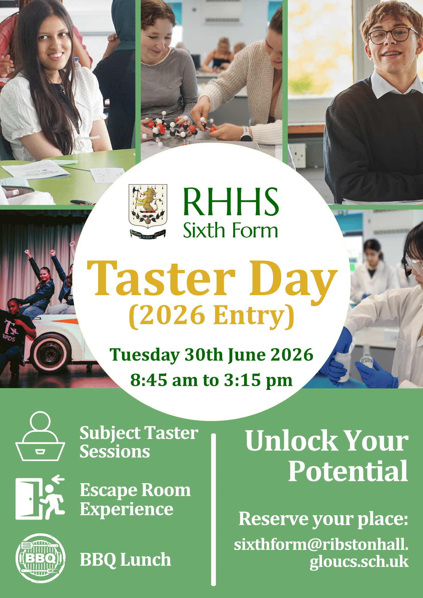 Sixth Form Taster Day 2026. Images of students studying and enjoying student life at Ribston Hall High School. Booking details in text below image.