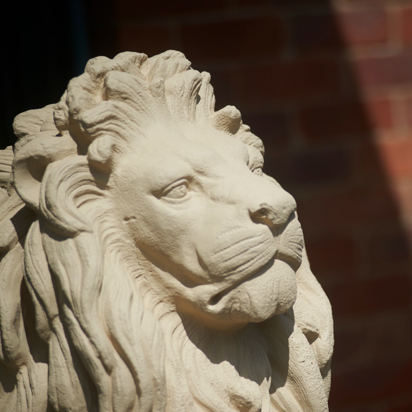 image of a stone lion head outside a building
